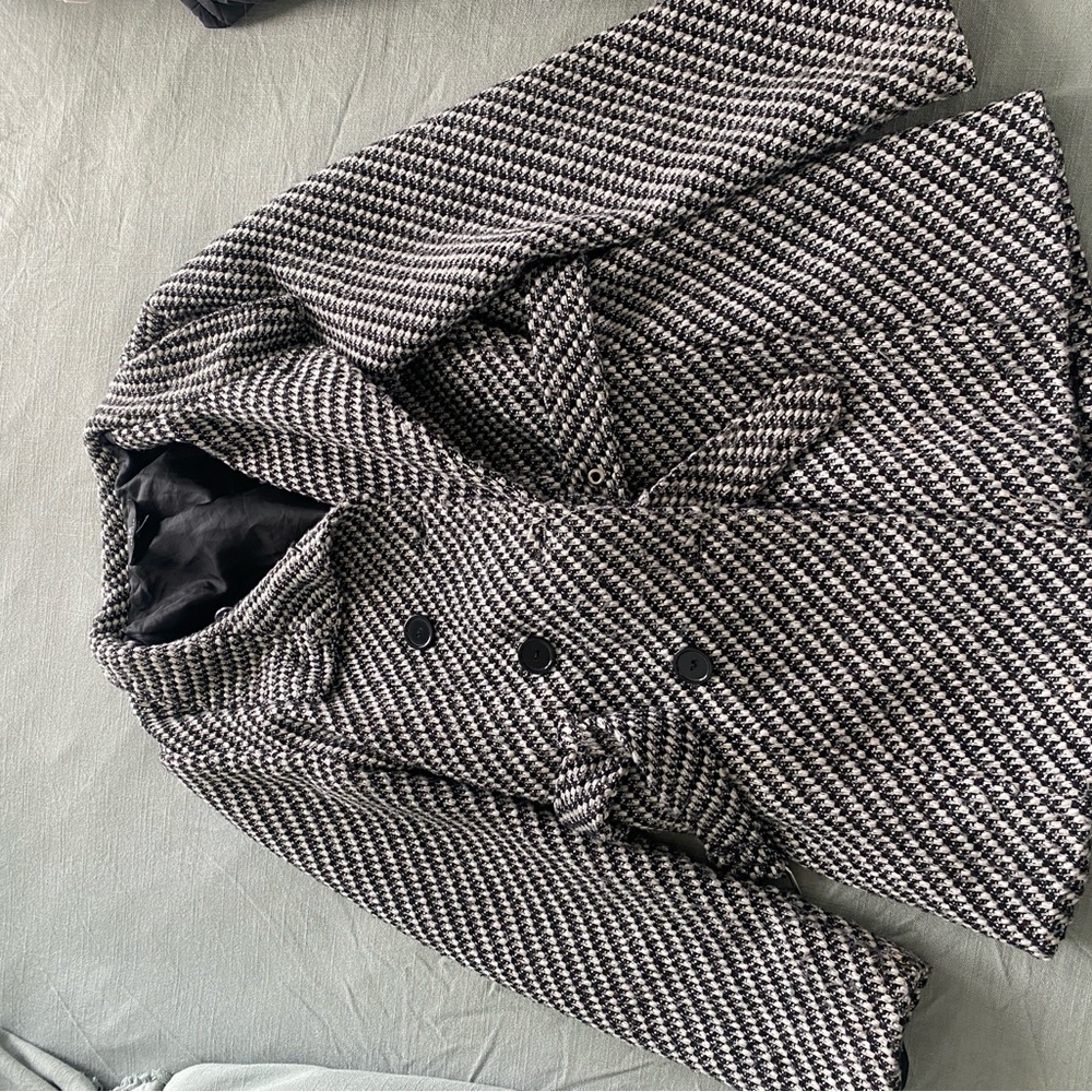 Amy Byer Black and White Pea Coat with Herringbone Pattern